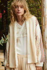 Open Front Waffle Knit Fleece Mix Cardigan POL